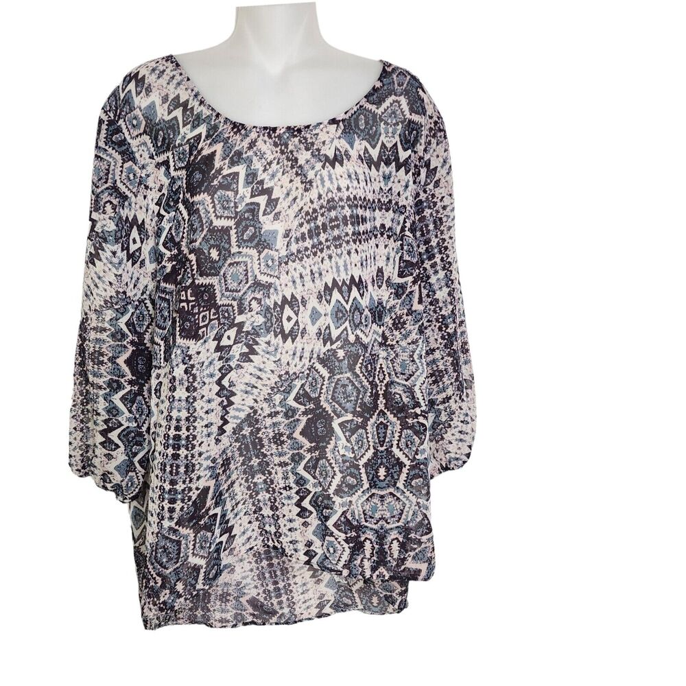 Maurice's Womens Tunic Top Size XL Criss Cross Back Sheer Geometric Hi low Hem